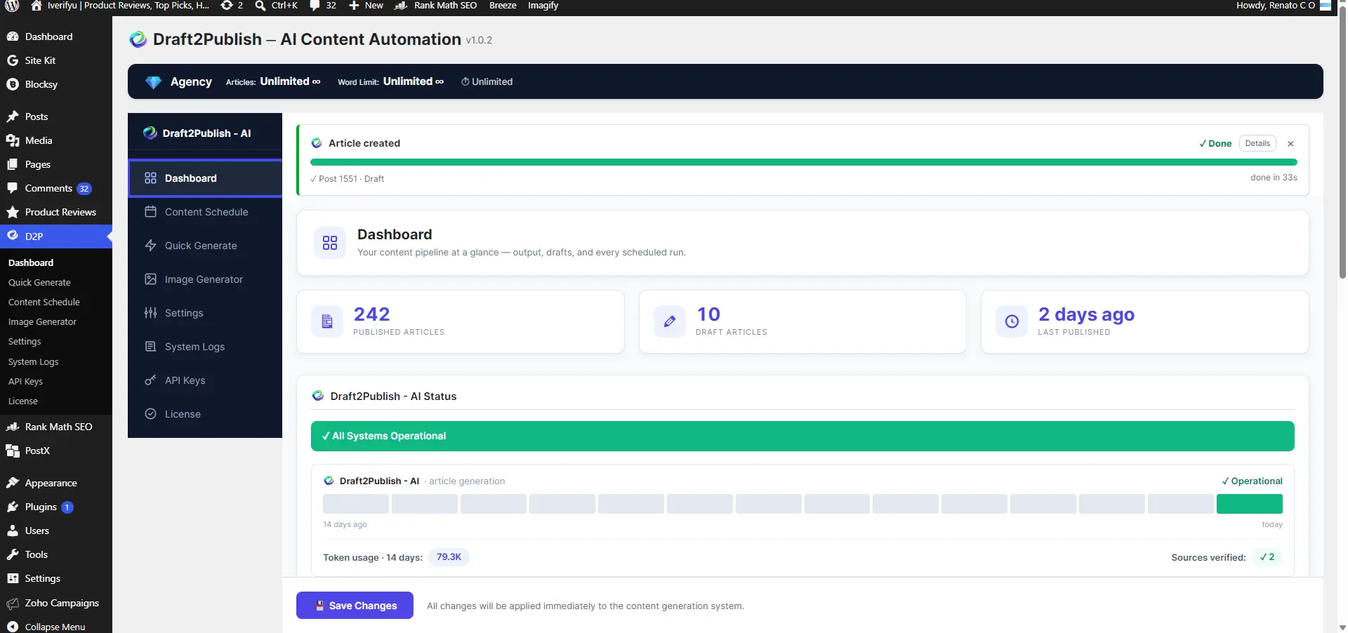 Draft2Publish-AI dashboard confirming the WordPress article was created