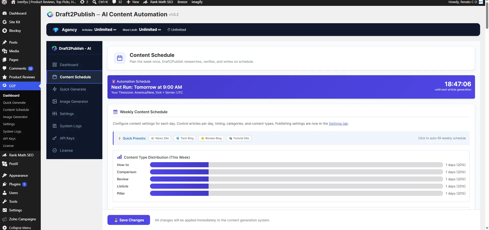 Draft2Publish-AI content schedule inside WordPress