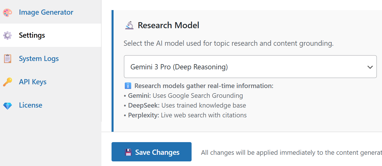AI Research Agent Settings
