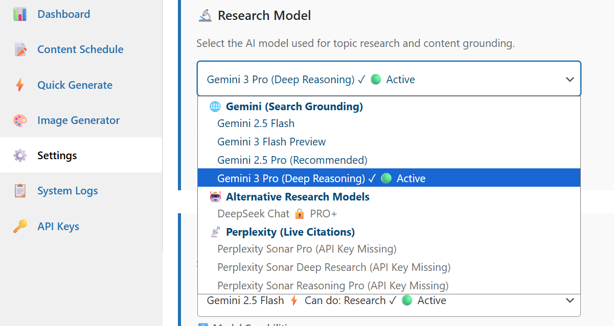 Draft2Publish AI research model selector with Perplexity Sonar, DeepSeek, and Gemini options