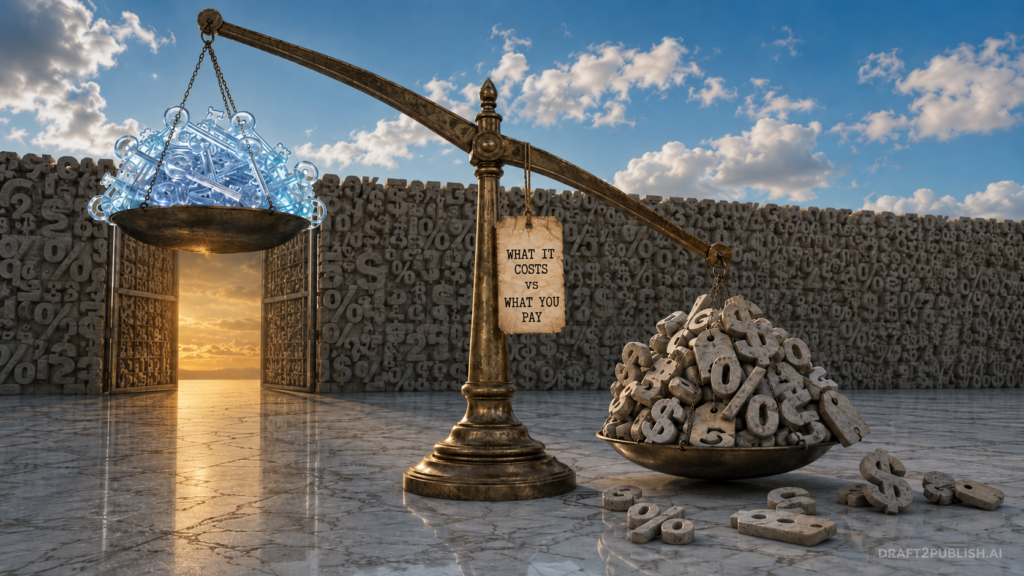 Surreal balance scale on a marble floor: a pan piled with glowing glass API keys floats high while an equal pile of stone percentage and dollar symbols weighs its pan to the ground, in front of a paywall with a glowing doorway